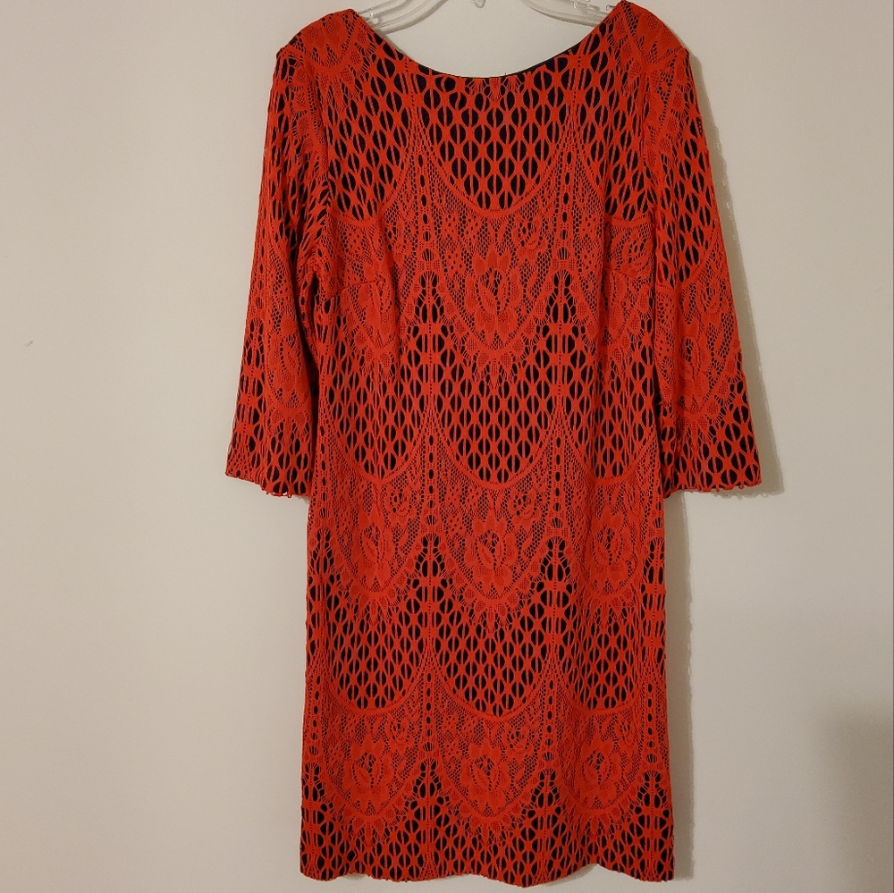LESLIE FAY LAYERED LACED CORAL NAVY SHIFT DRESS 3/4 SLEEVE SCOOP NECK SIZE  6